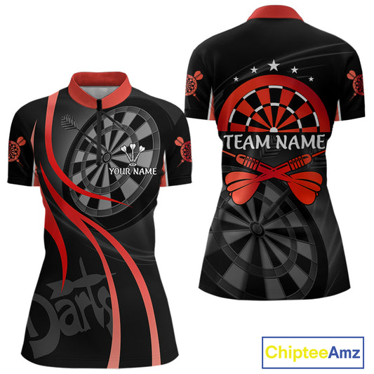 Black And Red Darts Jersey For Women Custom Team Polo & Quarter Zip Darts Shirt Uniform TDM4488