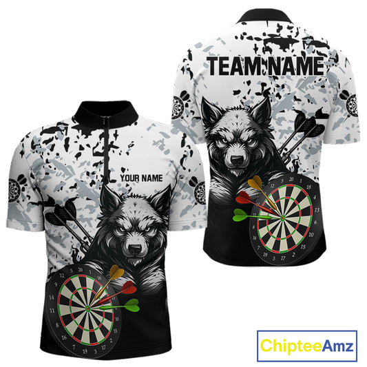 Personalized Grunge White Black Funny Wolf Darts Shirt For Men Custom Team Darts Jersey Outfit TDM4494