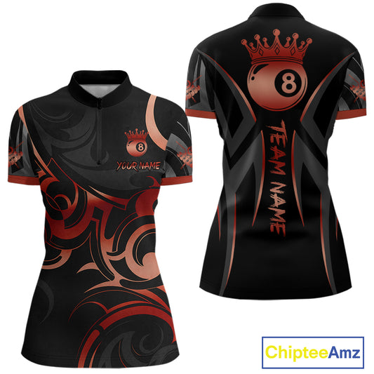 Black And Red 8 Ball Crown Tribal Billiard Shirt For Women Custom Pool Team Jersey Polo & 1/4 Zip TDM4416