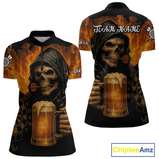 Personalized Funny Grim Reaper & Beer Fire Darts Shirt For Women, Dart Jersey Team Polo & 1/4 Zip TDM4486