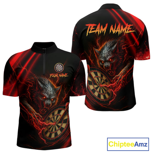 Personalized Red Thunder Lightning Wolf Darts Shirt For Men Custom Dart Team Jersey Polo & 1/4 Zip TDM4383
