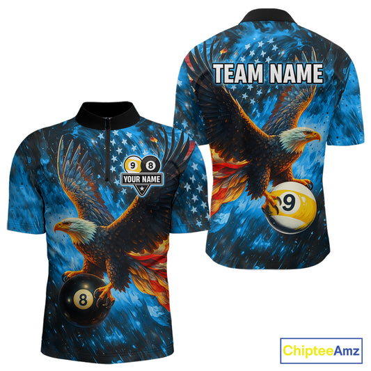Personalized Blue Flaming US Flag 8 Ball & 9 Ball Eagle Billiard Shirt For Men, Pool Team Jersey TDM4260
