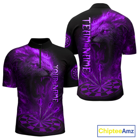 Personalized Fire Flame Lion Darts Shirt For Men Custom Purple Darts League Jersey Polo & 1/4 Zip TDM4679