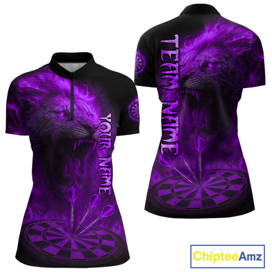 Personalized Fire Flame Lion Darts Shirt For Women Custom Purple Darts League Jersey Polo & 1/4 Zip TDM4679