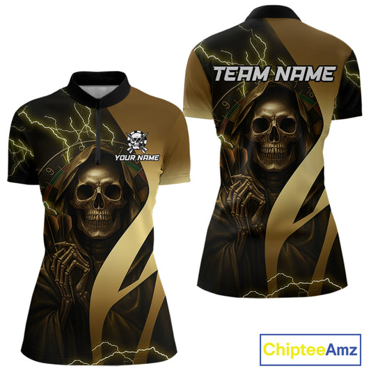 Personalized Golden Grim Reaper Lightning Darts Shirt For Women, Darts Team Jersey Polo &1/4 Zip TDM4271