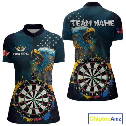 Funny Colorful Dartboard Eagle Darts Shirt For Women Custom Navy Blue US Flag Darts Team Jersey TDM4292