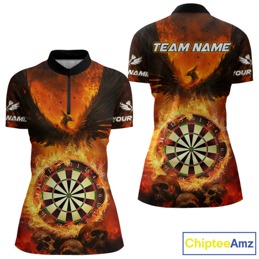 Personalized Orange Flaming Phoenix Darts Shirt For Women, Darts League Jersey Team Polo & 1/4 Zip TDM4490