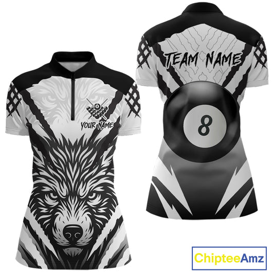 White Black Billiard Jersey Polo & 1/4 Zip Custom 8 Ball Pool Wolf Billiard Team Shirt For Women TDM4518