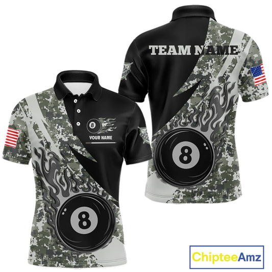 Personalized flame 8 ball pool military grey camo billiard team jersey polo shirt for men, custom pool league apparel and tournament jersey with military camouflage design.