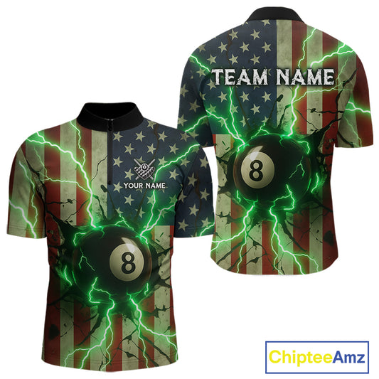 Green 8 Ball Lightning American Flag Billiard Shirt For Men Custom Patriotic Pool Team Jersey TDM5402
