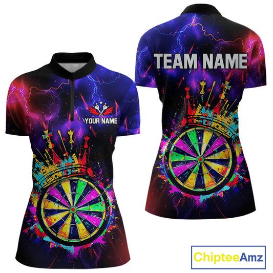 Personalized Neon Colorful Crown Darts Shirt For Women Custom Funny Darts Jersey Polo & 1/4 Zip TDM5181
