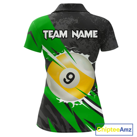 Black And Green 8 Ball & 9 Ball Billiard Shirt For Women Custom Pool Team Jersey Polo & 1/4 Zip TDM6363