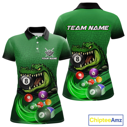 Green polo shirt with an alligator and billiard ball design, featuring customizable "Your Name" and "Team Name" text for a personalized look.
