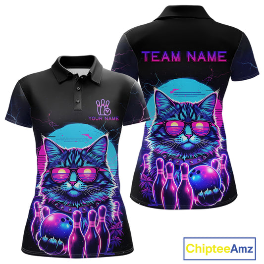 Funny Cat Retro Neon Bowling Shirt For Women Custom Bowling Team Jersey Polo & Quarter Zip TDM5817