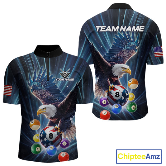 Blue 8 Ball US Flag Eagle Lightning Billiard Shirt For Men Custom Pool Team Jersey Polo & 1/4 Zip TDM5375