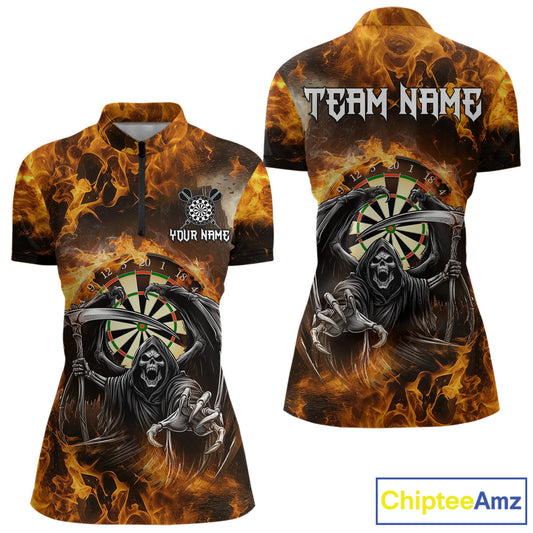 Personalized Orange Flaming Grim Reaper Darts Shirt For Women Custom Fire Darts Team Jersey TDM4974