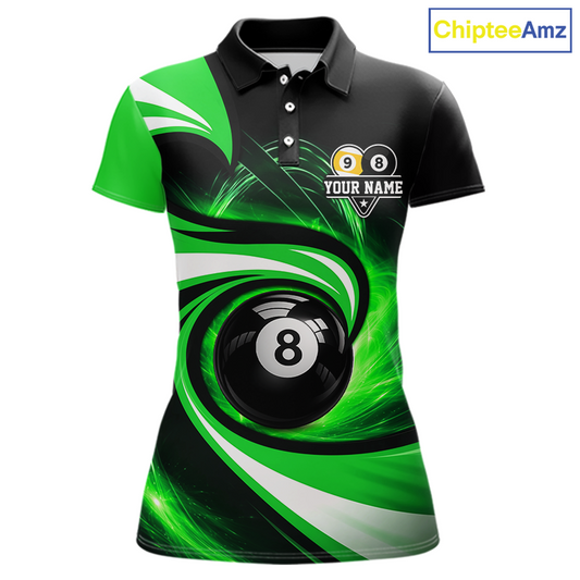 Black and green 8 ball and 9 ball pool billiard team jersey polo shirt for women featuring bold black and green graphics, premium custom pool league apparel for tournaments, league competition and team events.