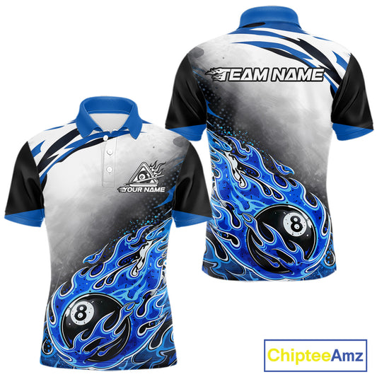 Blue Flaming 8 Ball Billiard Jersey Custom Men's Billiard Polo & Quarter Zip, Pool Team Jersey TDM5725