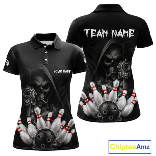 Funny Grim Reaper smoke black bowling team jersey polo shirt for women featuring a dark Grim Reaper with smoky artwork, premium custom bowling league apparel for tournaments and competitive bowling teams.