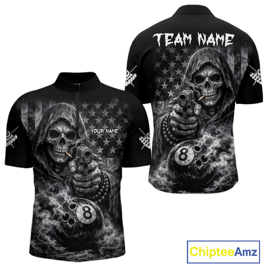 US Flag Grim Reaper 8 Ball Smoke Billiard Shirt For Men Custom Pool Jersey, Billiard Team Shirt TDM5611