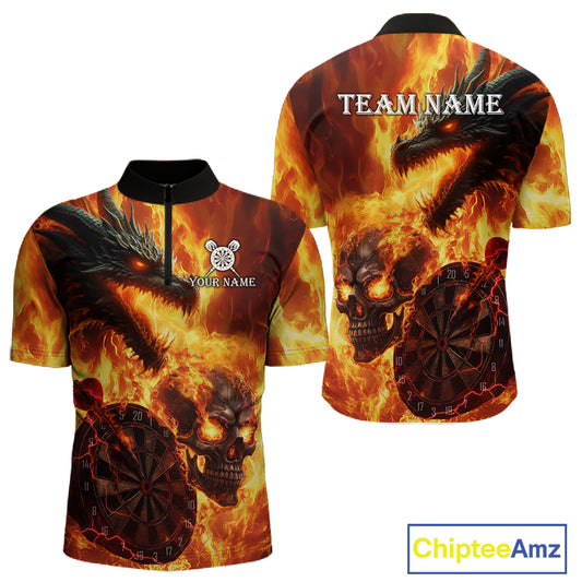 Personalized Orange Flaming Dragon And Skull Darts Shirt For Men Custom 3D Fire Darts Team Jersey TDM4958