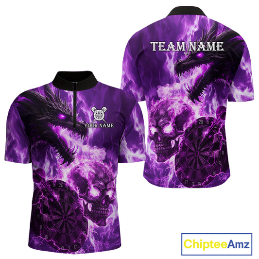 Personalized Purple Flaming Dragon And Skull Darts Shirt For Men Custom 3D Fire Darts Team Jersey TDM4959