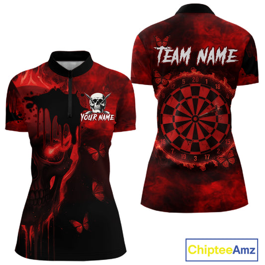 Black And Red Grunge Skull Butterflies Darts Shirt For Women Custom Darts Jersey Team Polo & 1/4 Zip TDM4992