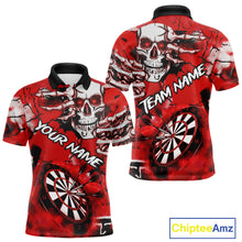 Load image into Gallery viewer, Personalized Red Grunge Skull Darts Shirt For Men Custom Darts Team Jersey Polo & Quarter Zip TDM5028