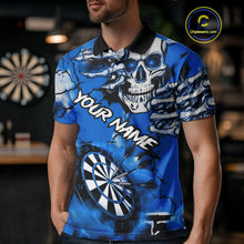 Load image into Gallery viewer, Personalized Blue Grunge Skull Darts Shirt For Men Custom Darts Team Jersey Polo & Quarter Zip TDM5029