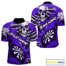 Load image into Gallery viewer, Personalized Purple Grunge Skull Darts Shirt For Men Custom Darts Team Jersey Polo & Quarter Zip TDM5030