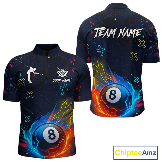 Funny Neon 8 Ball Billiard Shirt For Men Custom Navy Blue Pool Team Shirt Polo & 1/4 Zip TDM5491