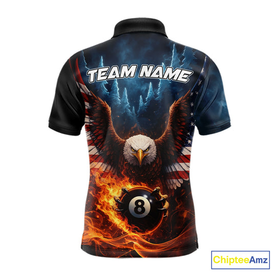 American Flag Eagle 8 Ball Flame Billiard Shirt For Men Custom Patriotic Pool Jersey Polo, 1/4 Zip TDM5754