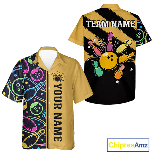 Personalized Funny Neon Bowling Hawaiian Shirt For Women Custom Retro Bowling Team Jersey |Yellow TDM6186