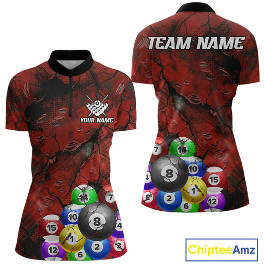 Personalized Red Grunge Cracked 8 Ball Billiard Shirts For Women Custom Team League Billiard Jerseys NYN2982