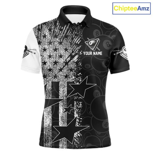 Men's patriotic billiard polo featuring distressed American flag and glowing 8 ball graphics, personalized performance apparel for veterans, military supporters, APA leagues and patriotic pool players, symbolizing freedom, honor and strength.