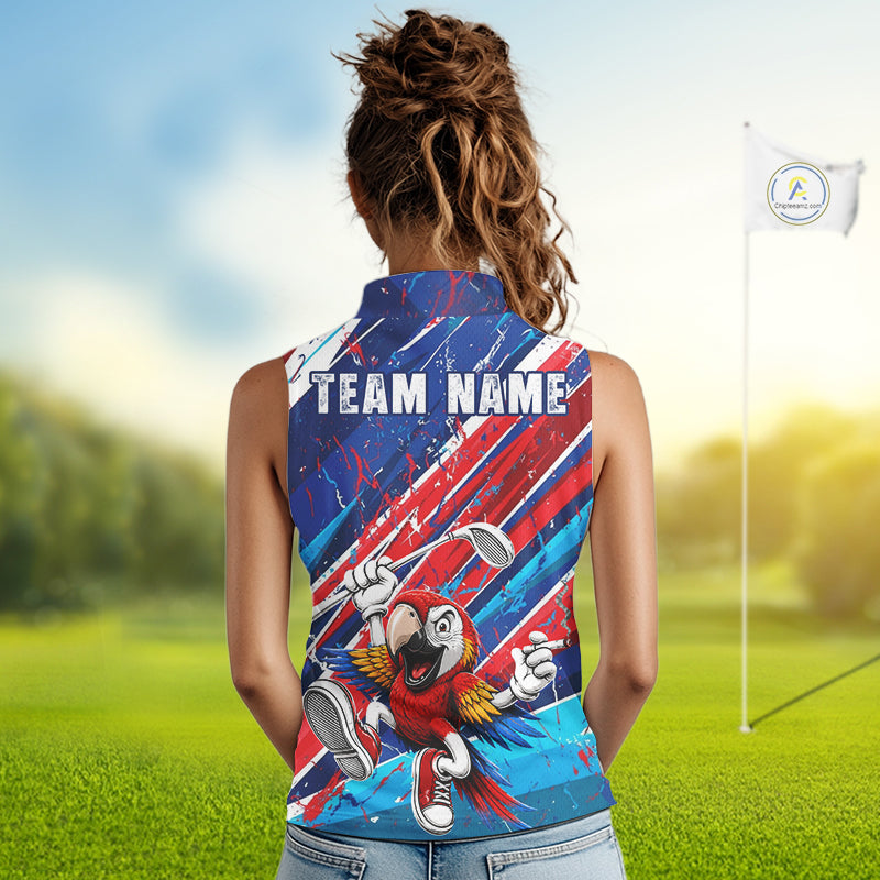 Funny Parrot Golfer Blue & Red Golf Sleeveless Polo Shirts For Womens Custom Parrot Golf Team Outfit Golf Gifts NYN3966