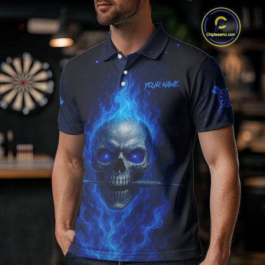 Custom Fire Flames Blue Skull Dart Arrow Dart Men Polo Shirt Outfits Dart Jerseys NYN1558