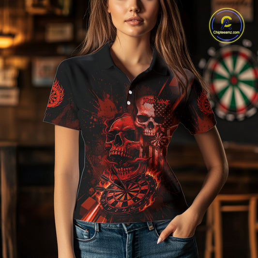 Custom Red Smokes Grunge Skull Women Darts Polo Shirt US Flag Skull Dart League Jerseys NYN2123