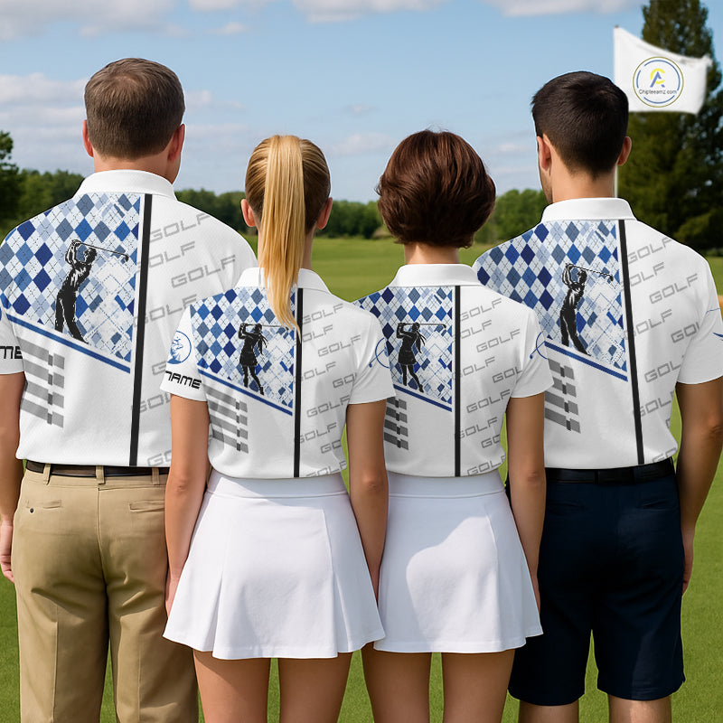 Custom Name Blue Argyle Pattern Mens Polo Shirt, White Golf Jersey Best Argyle Golf Gifts NYN2994