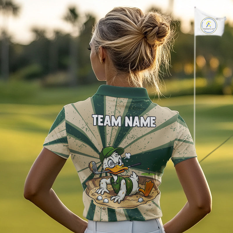 Womens Funny Duck Golf Shirts Grunge Green Beige Golf Clothing Custom Golf Team Polo, Golf Upf Shirts NYN2998