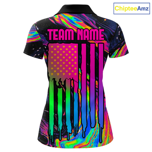 Psychedelic Holographic US Flag women's darts polo featuring colorful dartboard artwork, custom tournament jersey, patriotic league apparel, vibrant performance sportswear