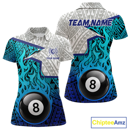 Billiards Pool Player White Blue Tribal Polo Quater-Zip Shirts For Women, Custom Billiard Team Jerseys NYN3015