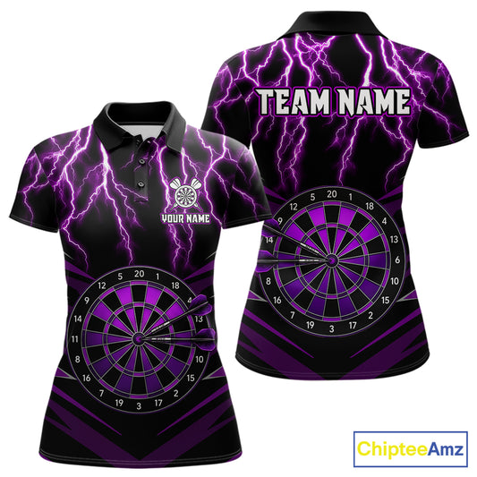 Personalized Thunder Lightning Purple Dartboard Women's Darts Polo Shirt, Moisture Wicking Custom Dart Tournament Jersey Front And Back
