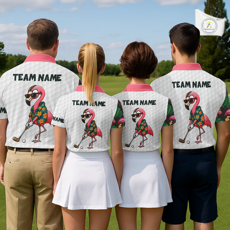Custom Flamingo Golfer Golf Ball Team Attire Tropical Monstera Golf Polo Golf Shirts For Men NYN3993