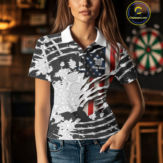 Custom Black White USA Flag Dartboard Dart Women Polo Shirt Patriotic Dart Jerseys NYN1612