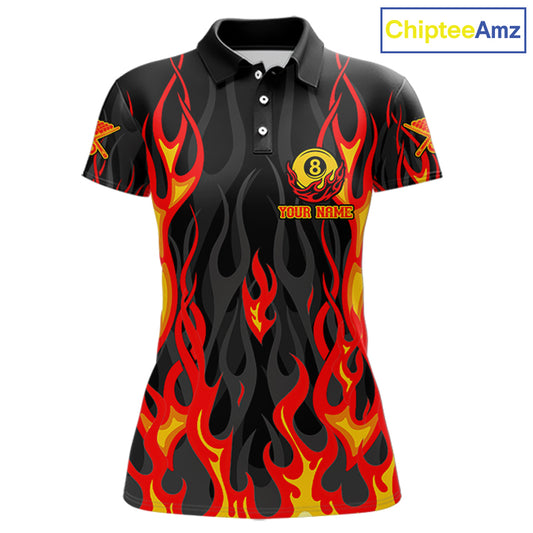 Fire Flame 8 Ball Pool Women Billiard Polo & 1/4-Zip Attire Custom Red Billiard Shirt Designs NYN2412