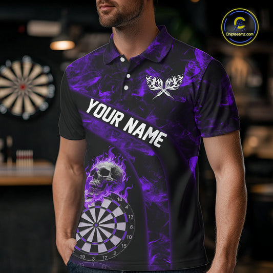 Custom Black & Purple Flaming Skull Darts Polo Shirt For Men Skull Dart League Jerseys NYN2170