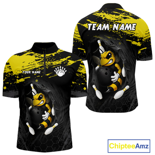 Custom Angry Bee Bowling Shirt Funny Bowling Team League Yellow Grunge Bowling Jersey For Men NYN3193