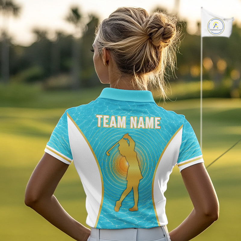 White, Gold And Blue Ocean Golf Polo Shirts For Women Custom Summer Golf Team Jersey, Golf Gifts NYN4032