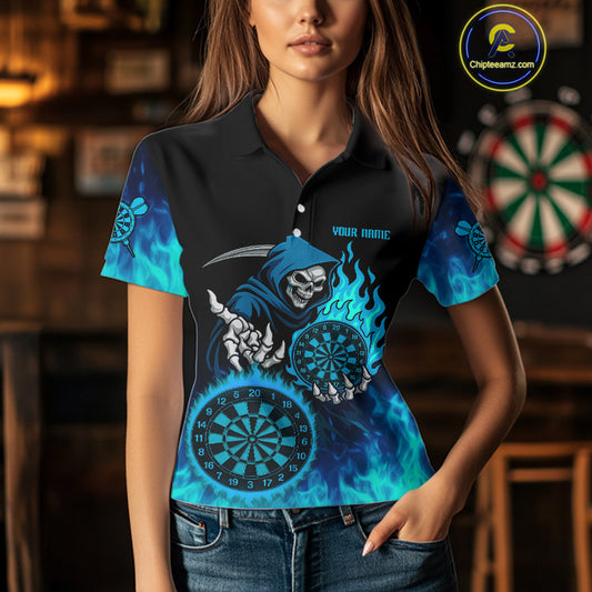 Custom Blue Flames Dartboard Horror Grim Reaper Dart Women Polo Jerseys Outfits Dart Shirt NYN1658
